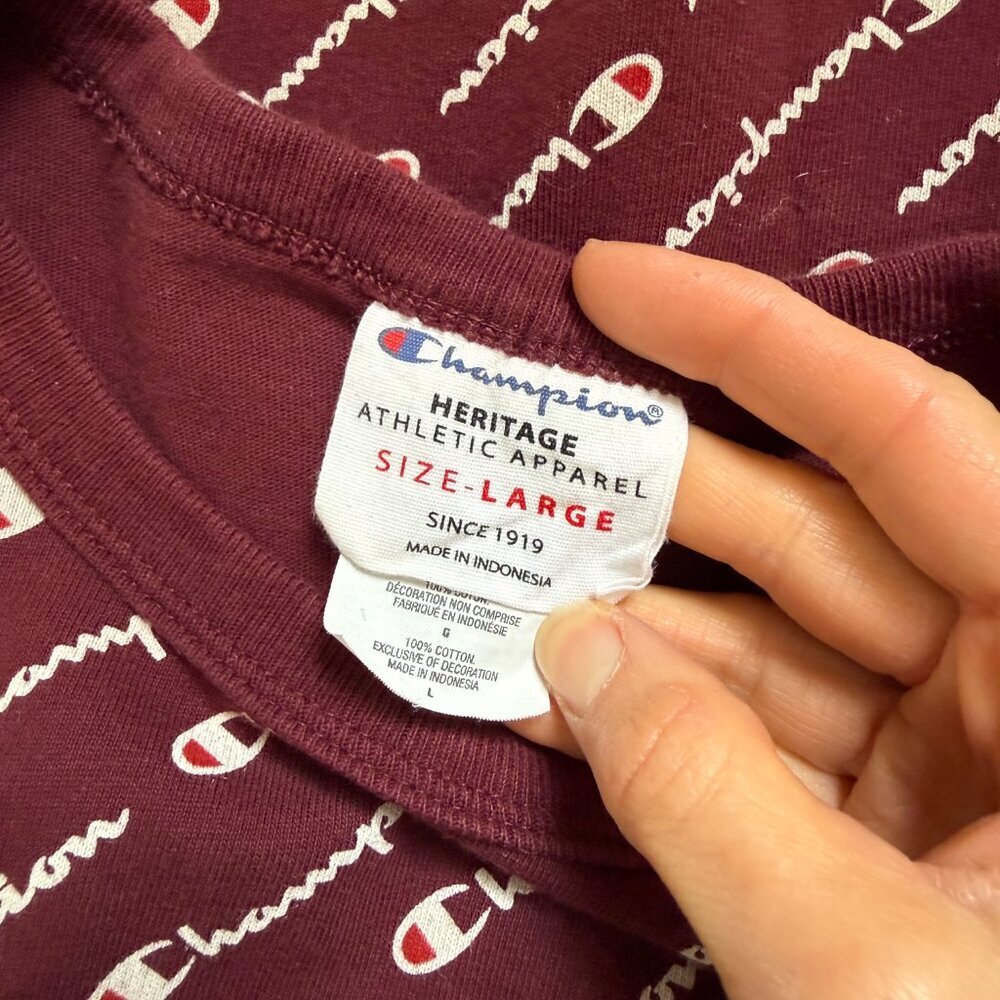 Champion Heritage Y2K All Over Print Womens Large Spell Out Maroon 100% Cotton - Picture 6 of 8